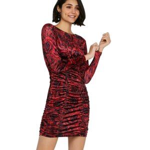 Vintage Burnout Red Ruched Midi Dress Medium Dark Romantic Stretch Whimsigoth